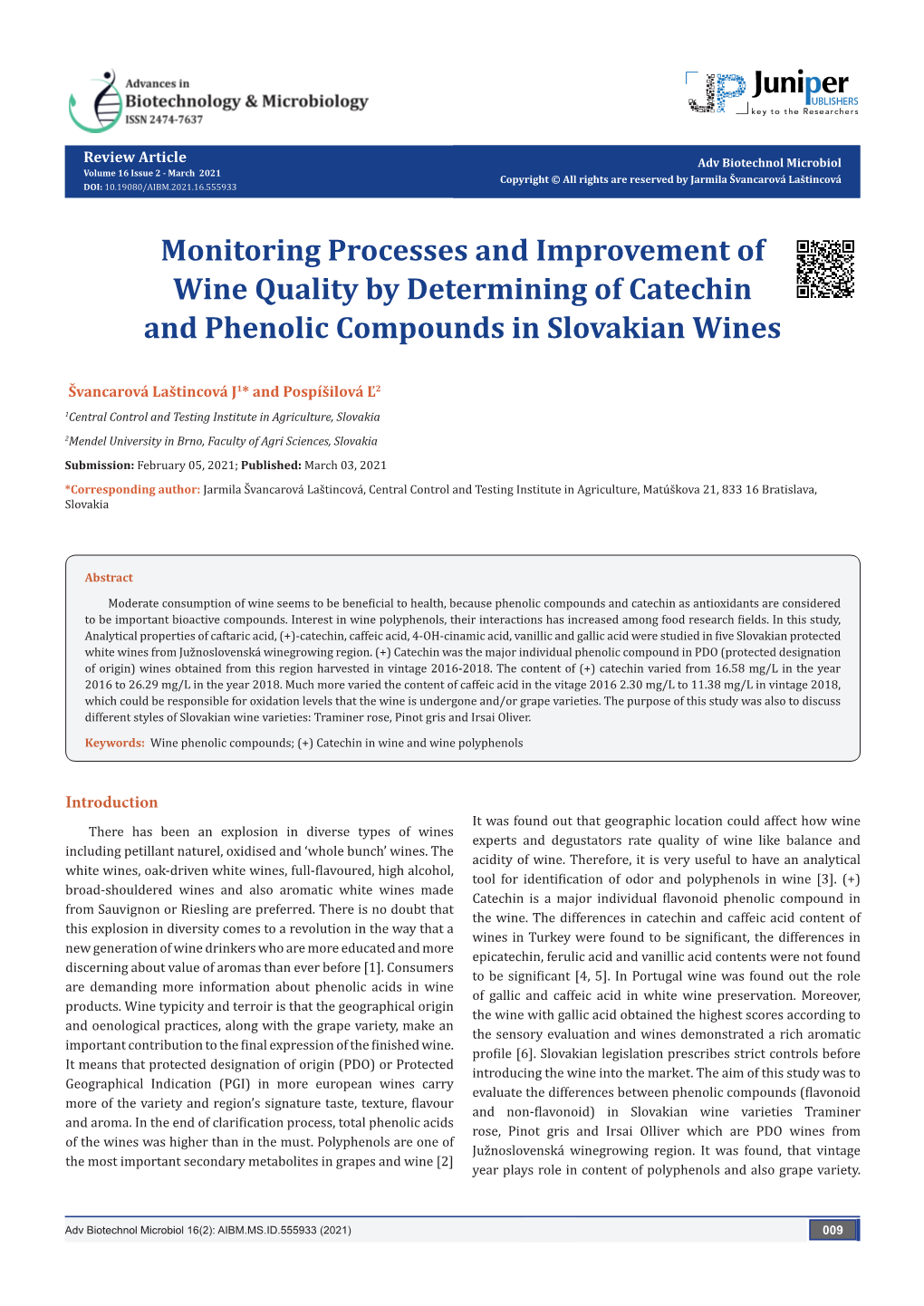 Monitoring Processes and Improvement of Wine Quality by Determining of Catechin and Phenolic Compounds in Slovakian Wines