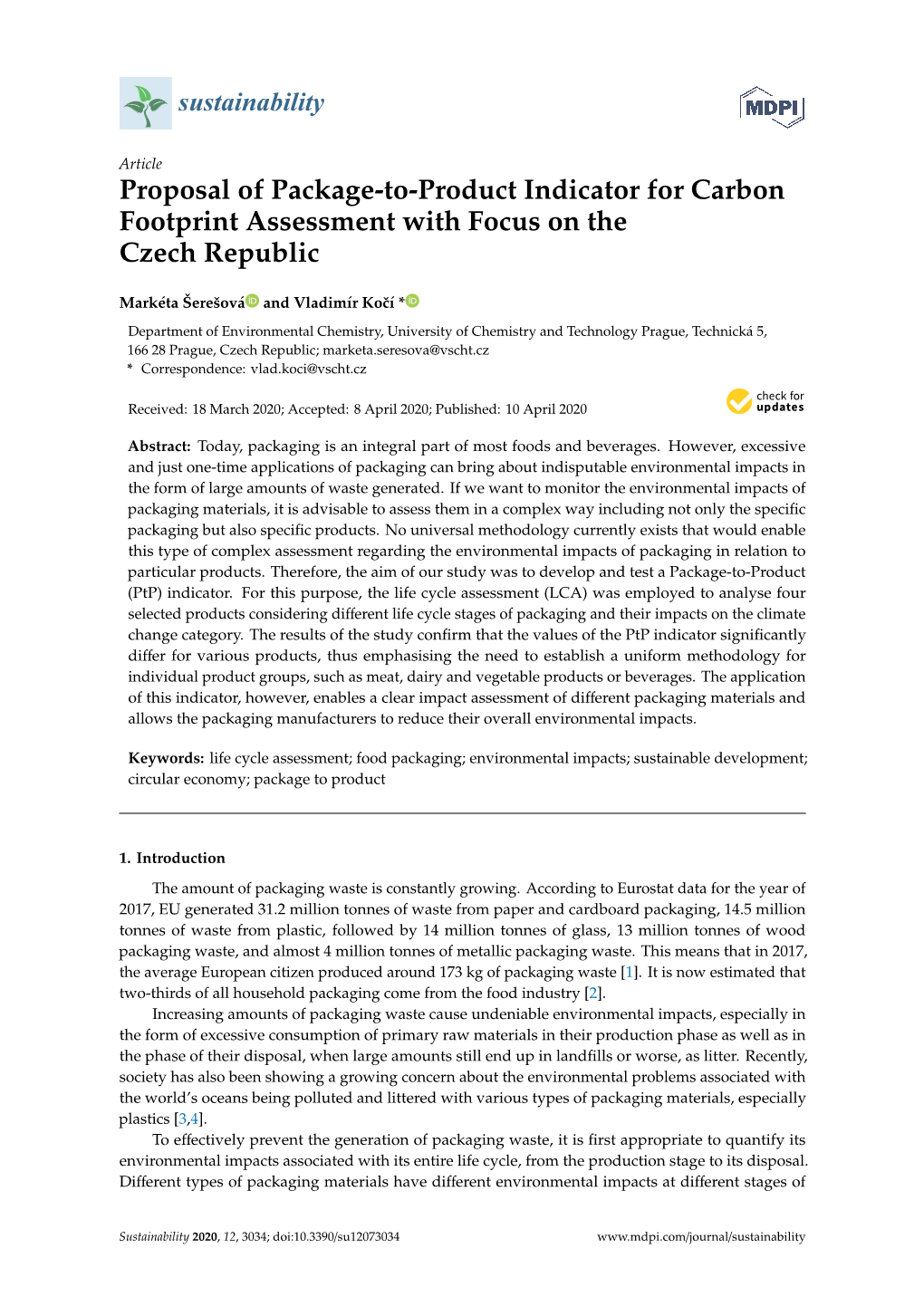 Proposal of Package-To-Product Indicator for Carbon Footprint Assessment with Focus on the Czech Republic