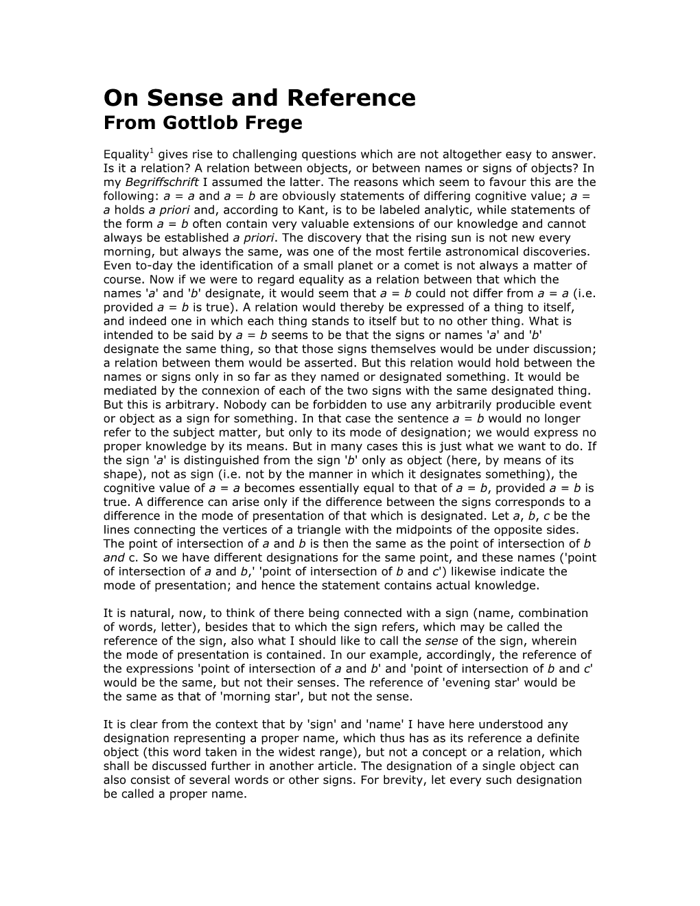 On Sense and Reference from Gottlob Frege