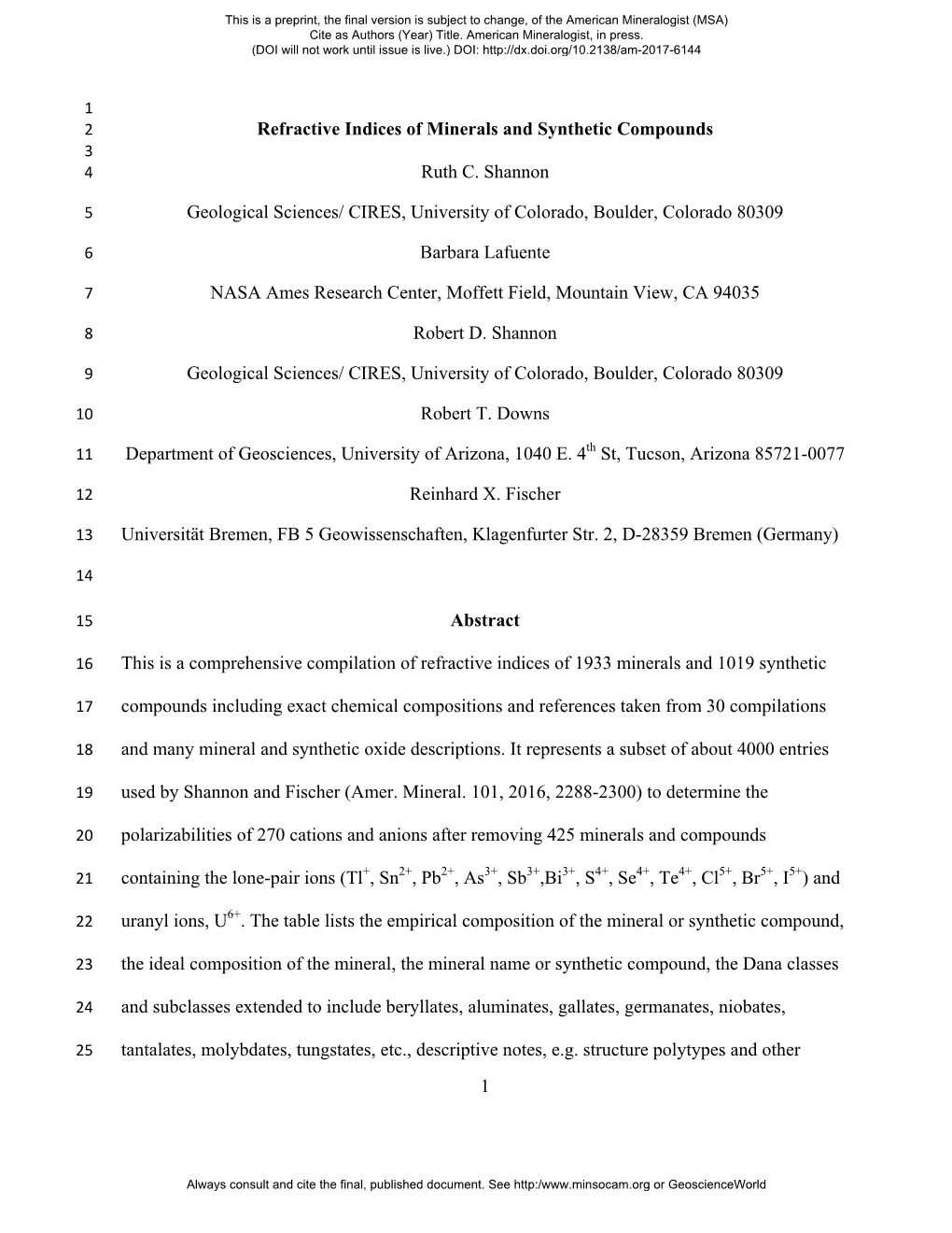 1 Refractive Indices of Minerals and Synthetic Compounds Ruth C. Shannon Geological Sciences