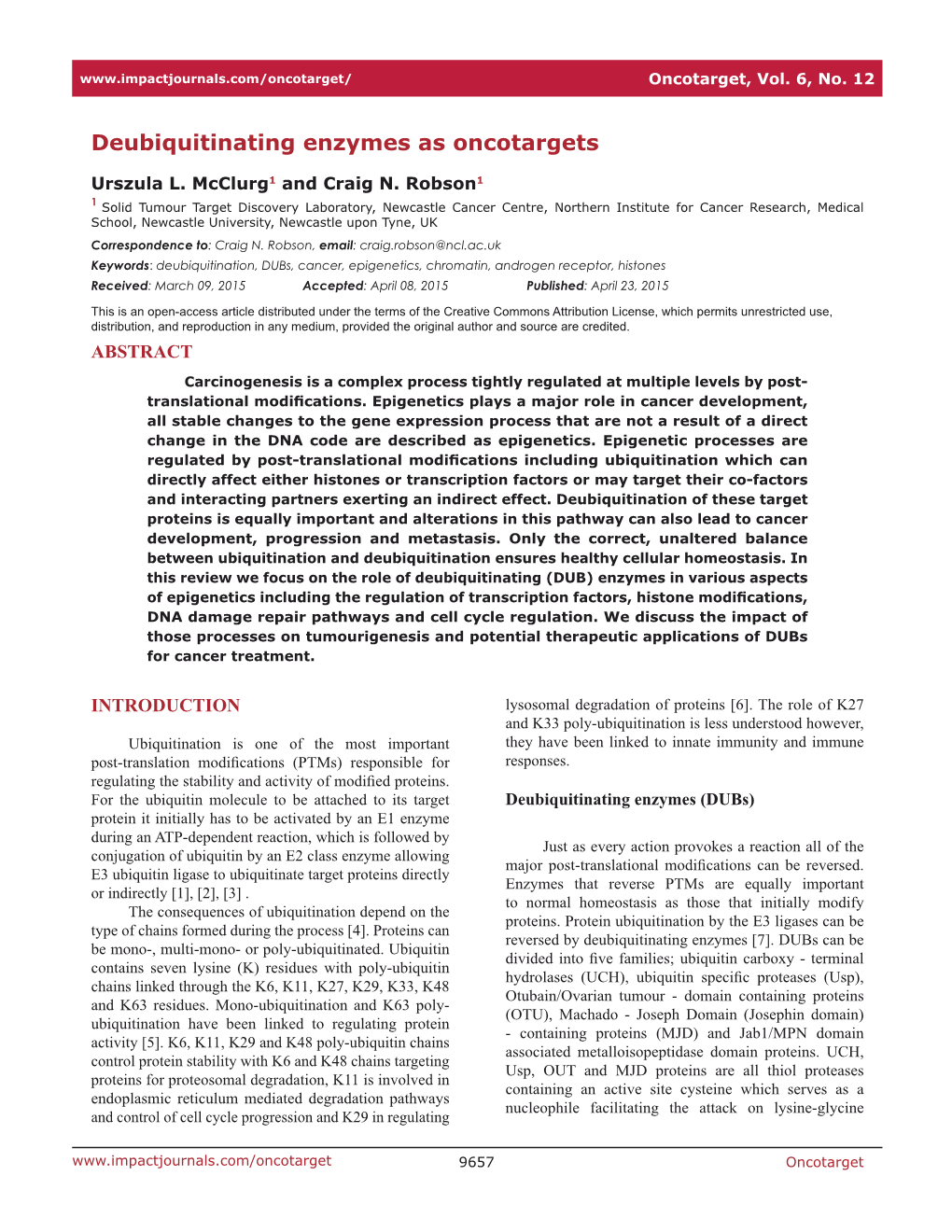 Deubiquitinating Enzymes As Oncotargets