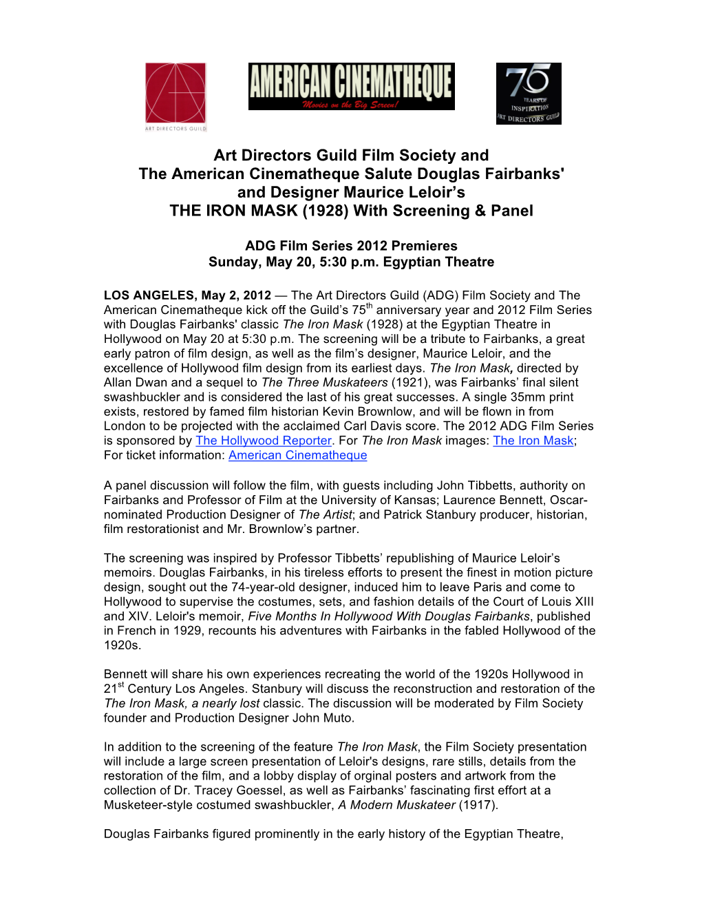 Art Directors Guild Film Society and the American Cinematheque Salute Douglas Fairbanks' and Designer Maurice Leloir’S the IRON MASK (1928) with Screening & Panel