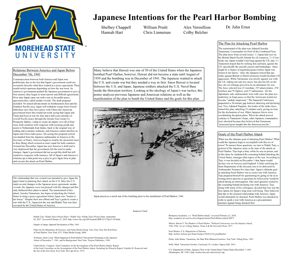 Japanese Intentions for the Pearl Harbor Bombing Shelbey Chappell William Pruitt Alex Vermillion Dr