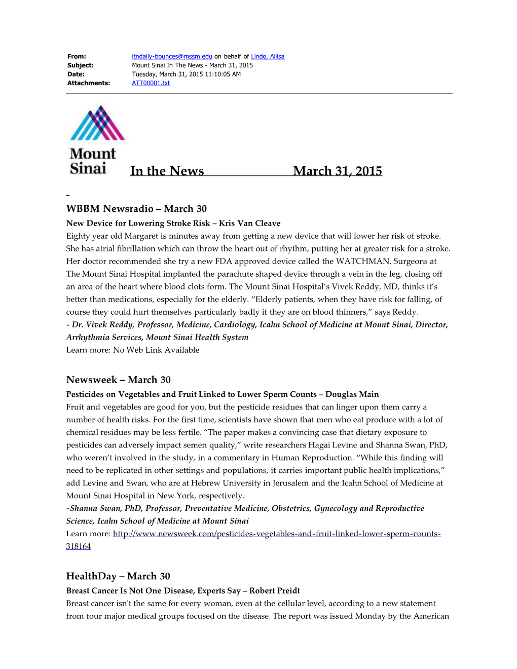 In the News March 31, 2015