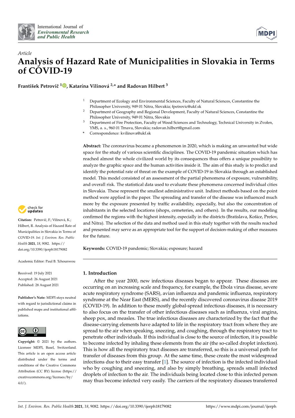 Analysis of Hazard Rate of Municipalities in Slovakia in Terms of COVID-19