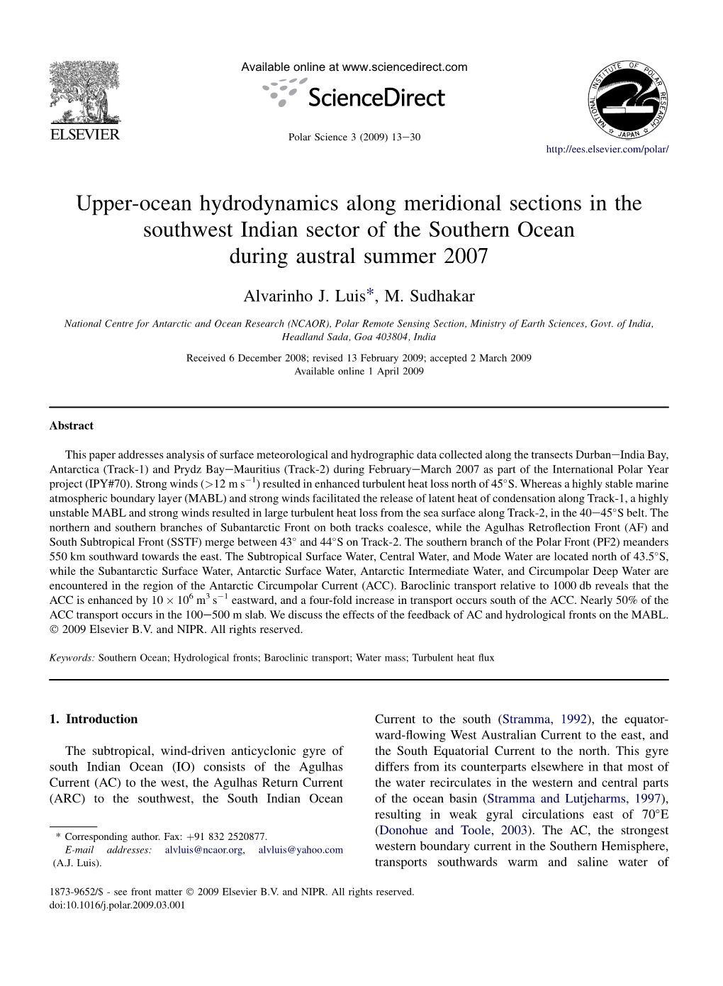 Upper-Ocean Hydrodynamics Along Meridional Sections in the Southwest Indian Sector of the Southern Ocean During Austral Summer 2007