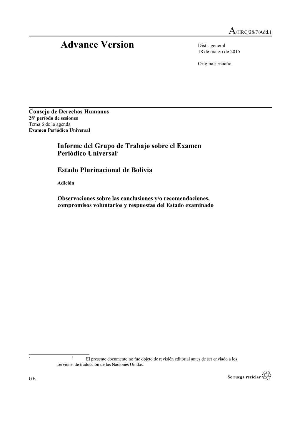 Addendum of the Report of the WG in Spanish