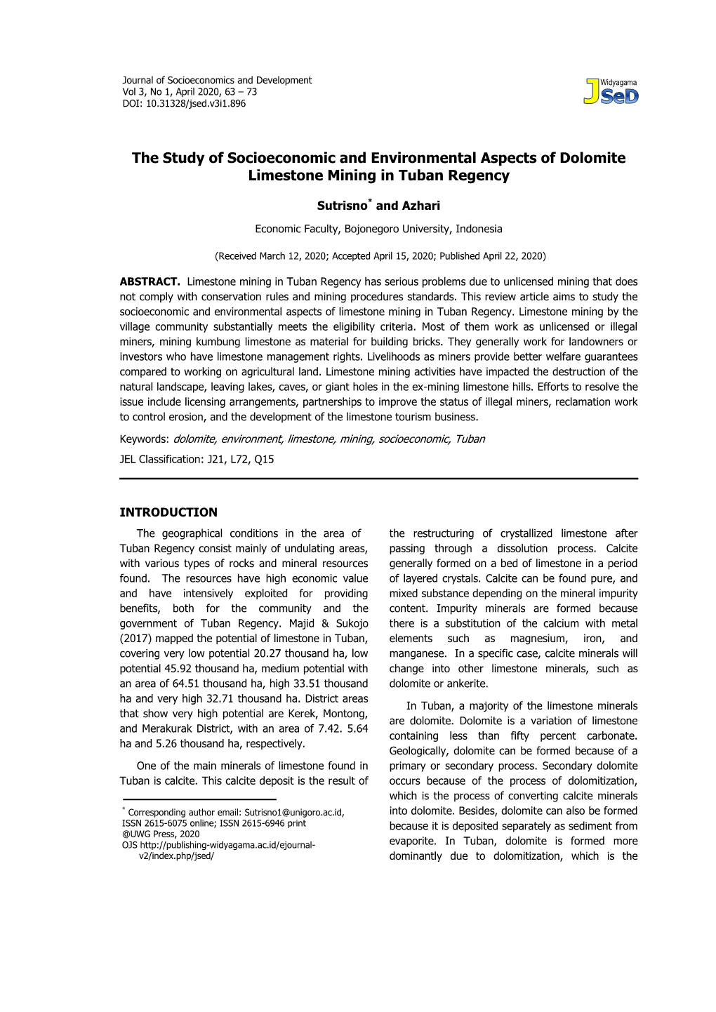 The Study of Socioeconomic and Environmental Aspects of Dolomite Limestone Mining in Tuban Regency