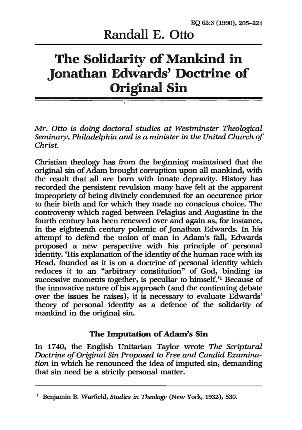 The Solidarity of Mankind in Jonathan Edwards' Doctrine of Original Sin