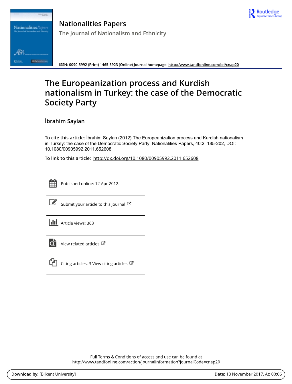 The Europeanization Process and Kurdish Nationalism in Turkey: the Case of the Democratic Society Party