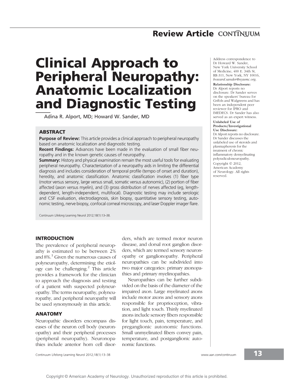 Clinical Approach to Peripheral Neuropathy: Anatomic Localization and Diagnostic Testing