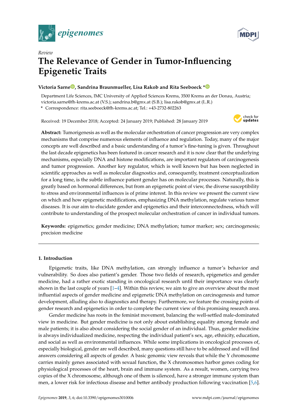 The Relevance of Gender in Tumor-Influencing Epigenetic Traits