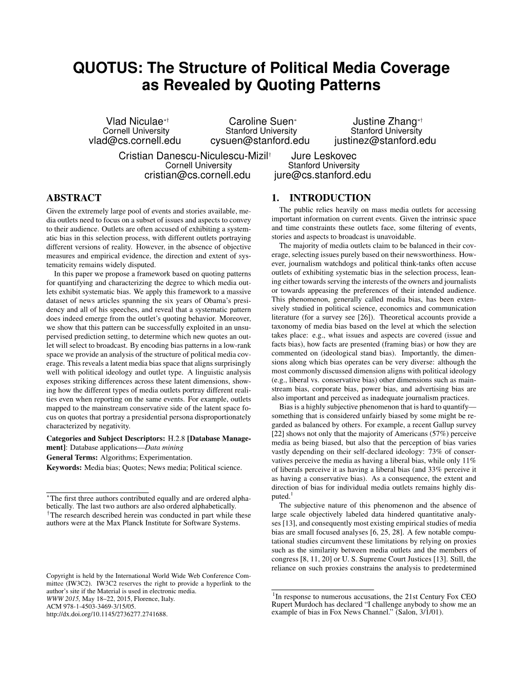 The Structure of Political Media Coverage As Revealed by Quoting Patterns