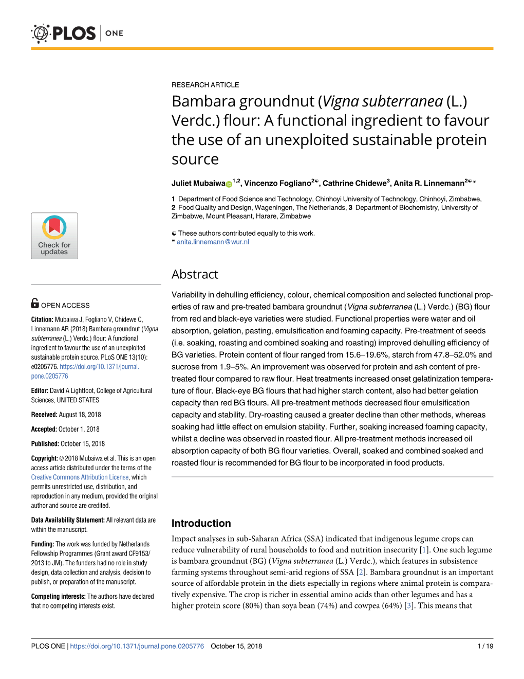 Bambara Groundnut (Vigna Subterranea (L.) Verdc.) Flour: a Functional Ingredient to Favour the Use of an Unexploited Sustainable Protein Source