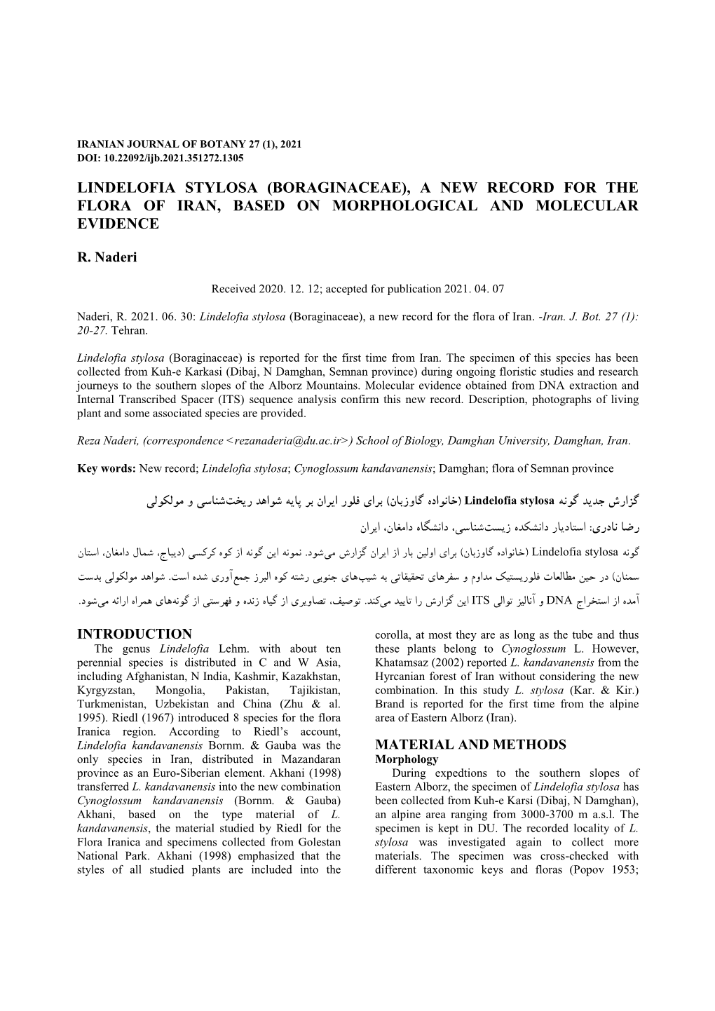 Lindelofia Stylosa (Boraginaceae), a New Record for the Flora of Iran, Based on Morphological and Molecular Evidence