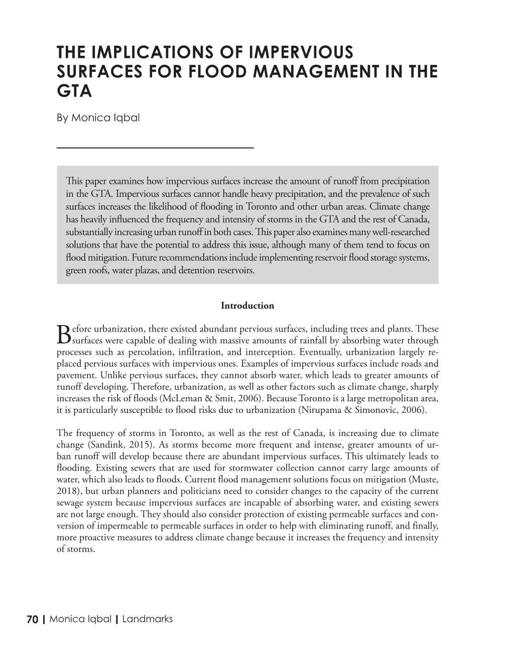 The Implications of Impervious Surfaces for Flood Management in the Gta