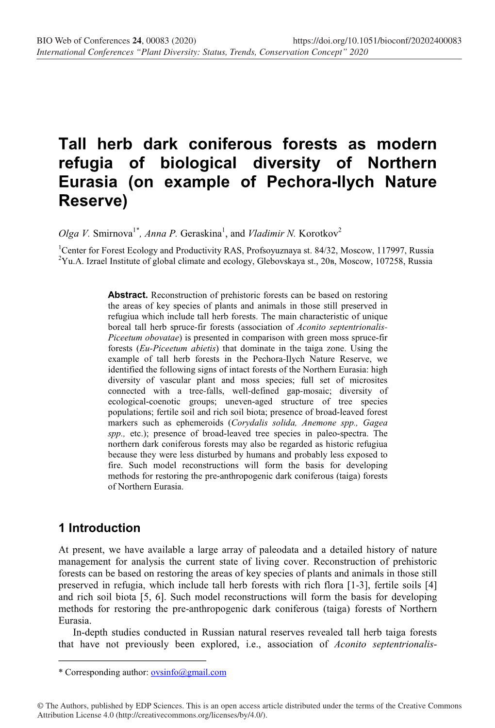 Tall Herb Dark Coniferous Forests As Modern Refugia of Biological Diversity of Northern Eurasia (On Example of Pechora-Ilych Nature Reserve)