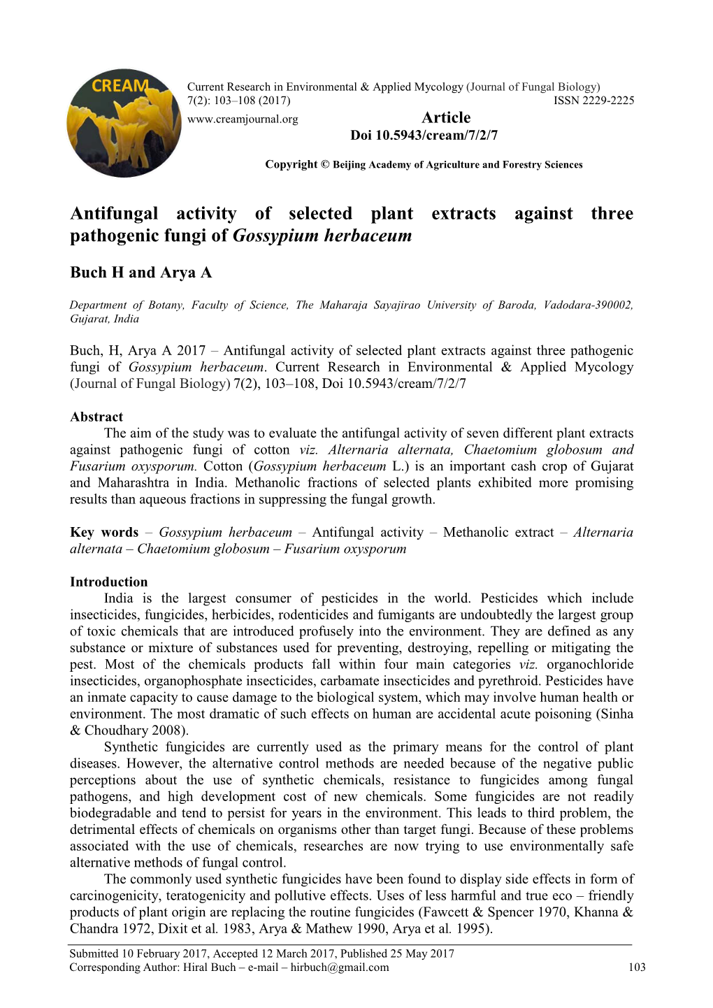 Antifungal Activity of Selected Plant Extracts Against Three Pathogenic Fungi of Gossypium Herbaceum