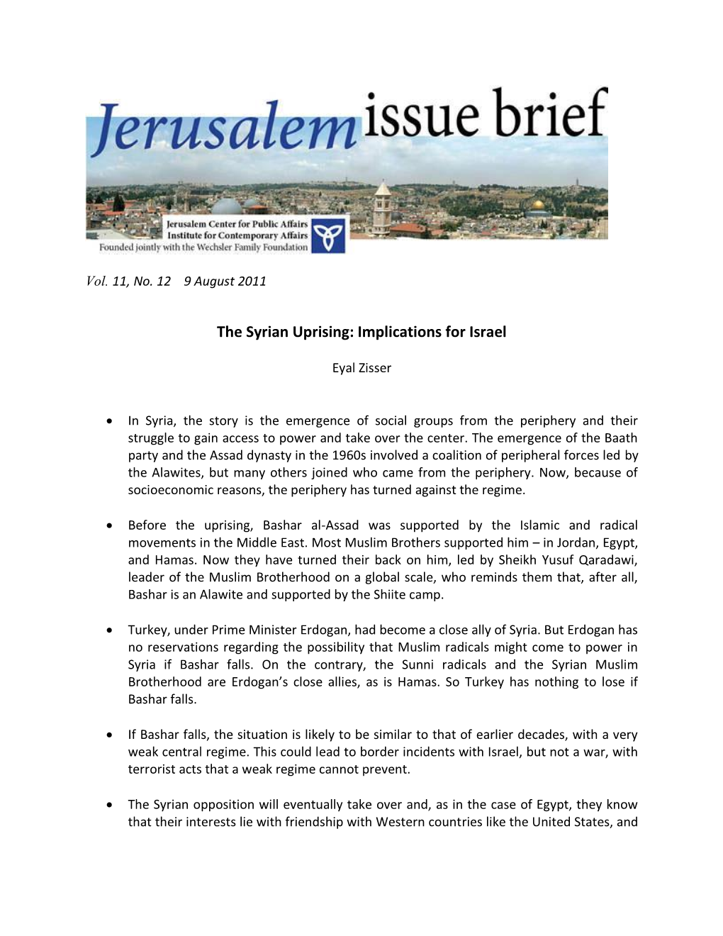 The Syria Uprising: Implications for Israel