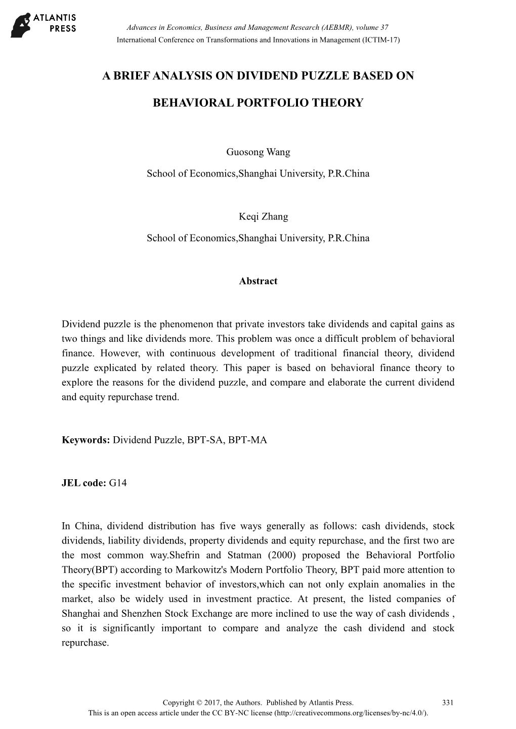 A Brief Analysis on Dividend Puzzle Based on Behavioral