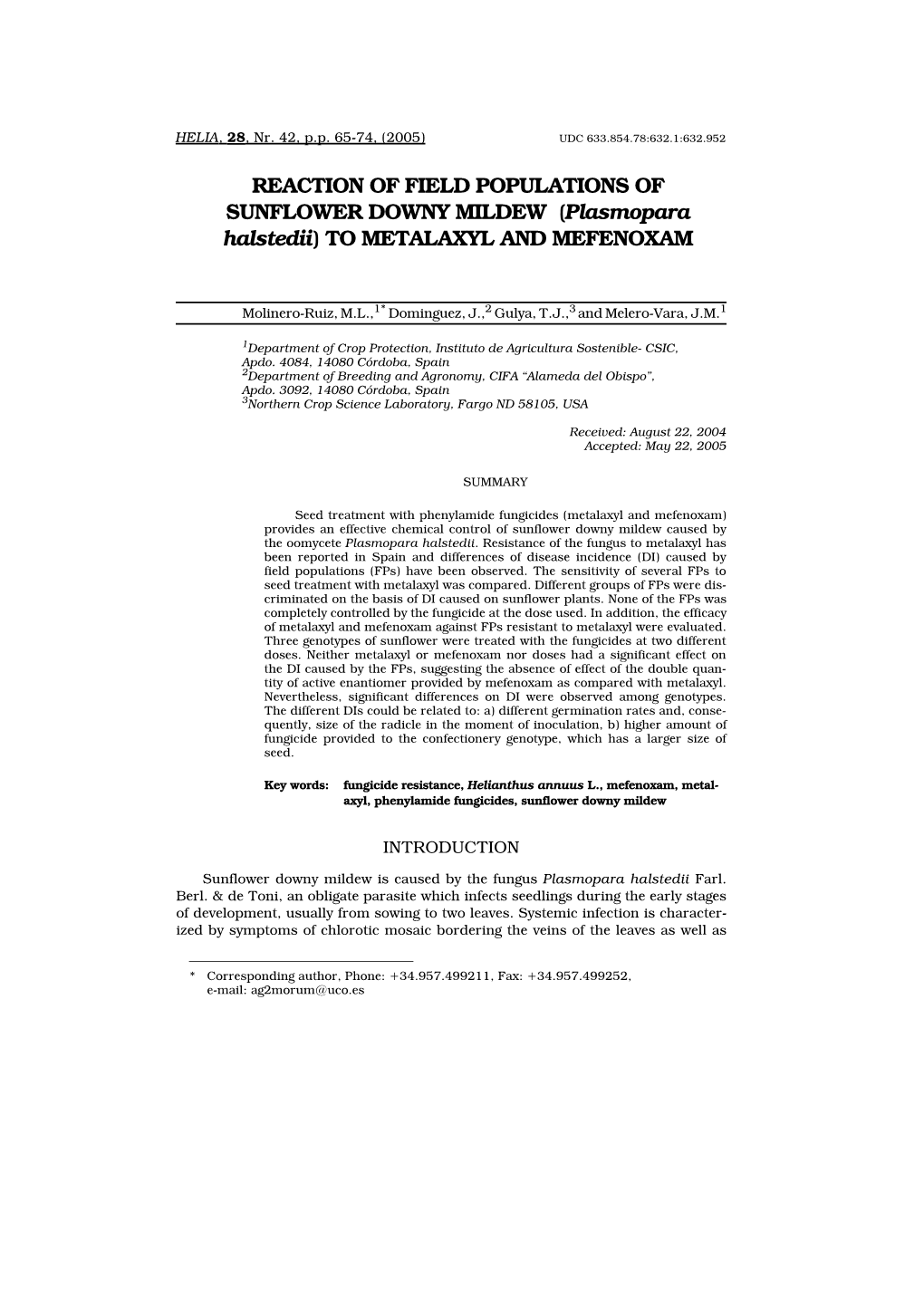 (Plasmopara Halstedii) to METALAXYL and MEFENOXAM