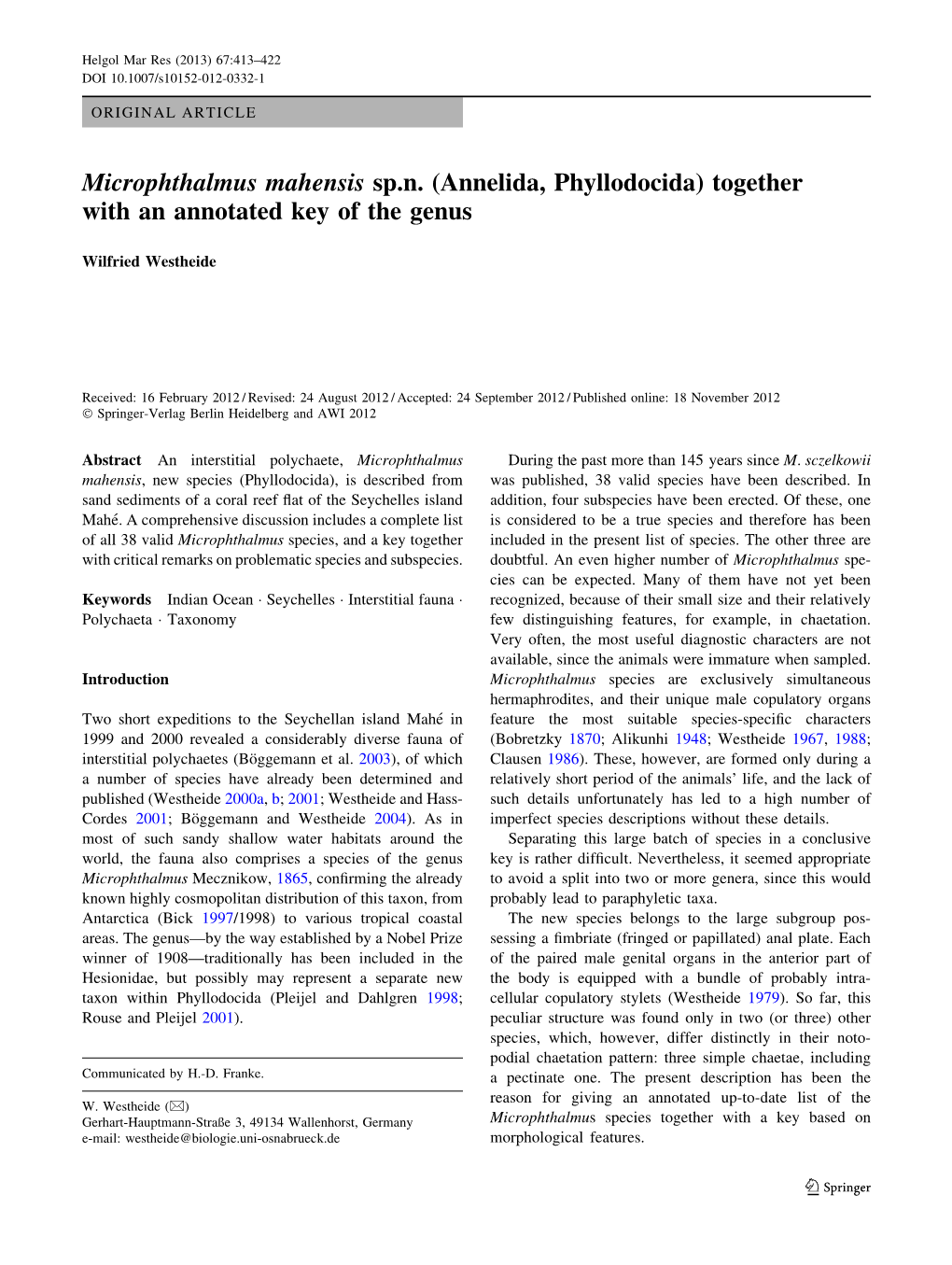 Microphthalmus Mahensis Sp.N. (Annelida, Phyllodocida) Together with an Annotated Key of the Genus