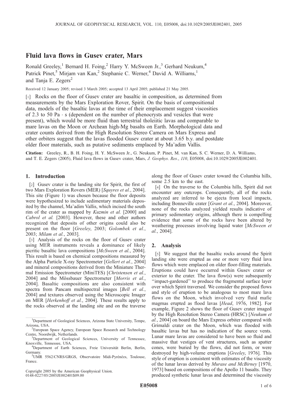 Fluid Lava Flows in Gusev Crater, Mars Ronald Greeley,1 Bernard H