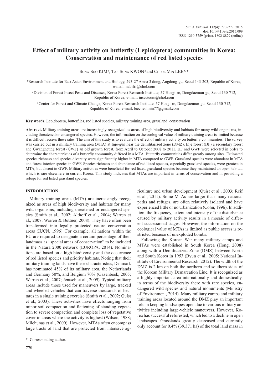 Lepidoptera) Communities in Korea: Conservation and Maintenance of Red Listed Species