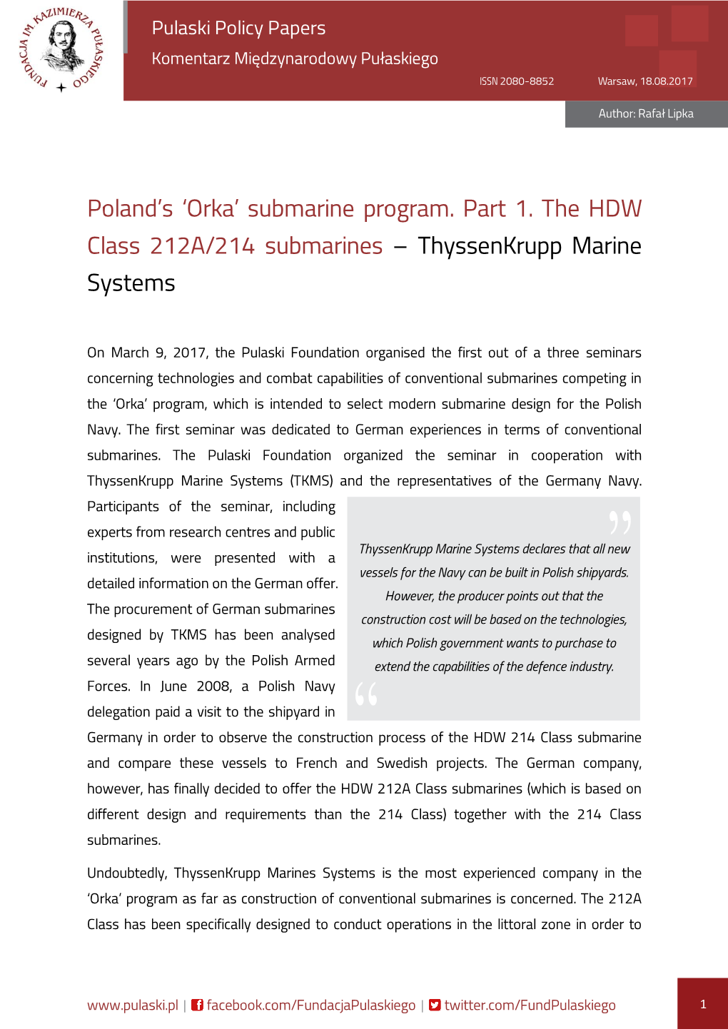 Poland's 'Orka' Submarine Program. Part 1. the HDW Class 212A/214