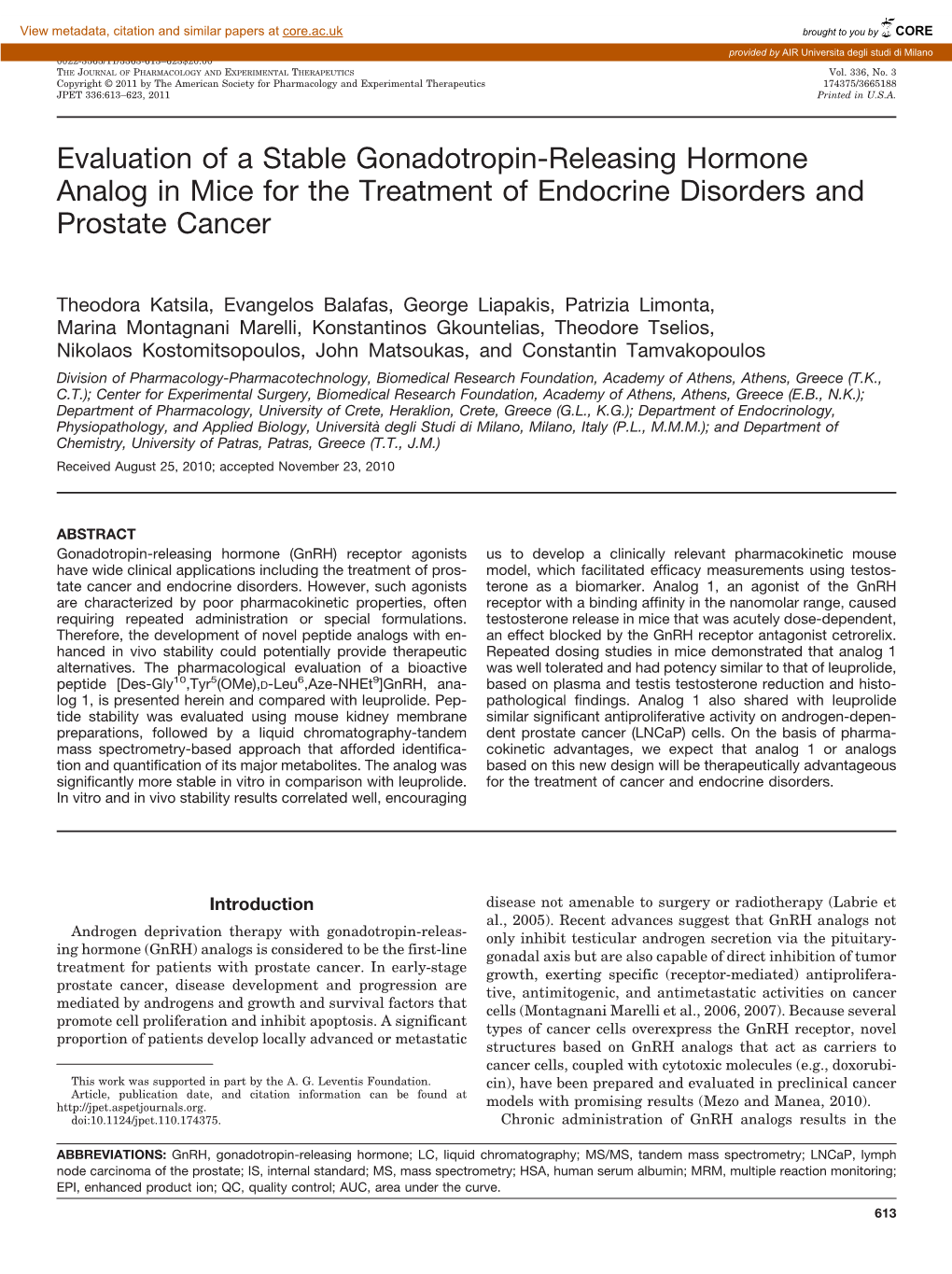 Evaluation of a Stable Gonadotropin-Releasing Hormone Analog in Mice for the Treatment of Endocrine Disorders and Prostate Cancer