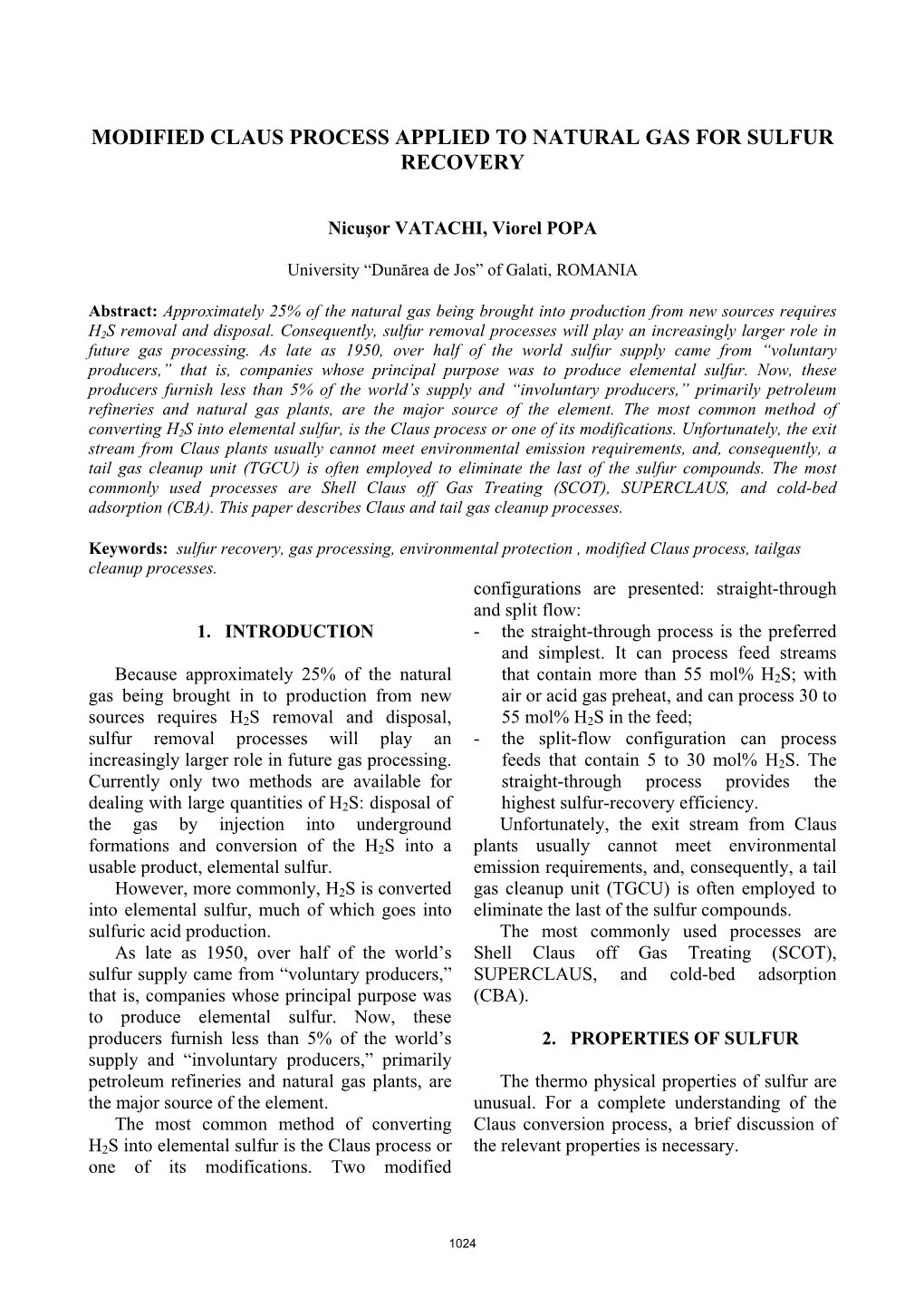 Modified Claus Process Applied to Natural Gas for Sulfur Recovery