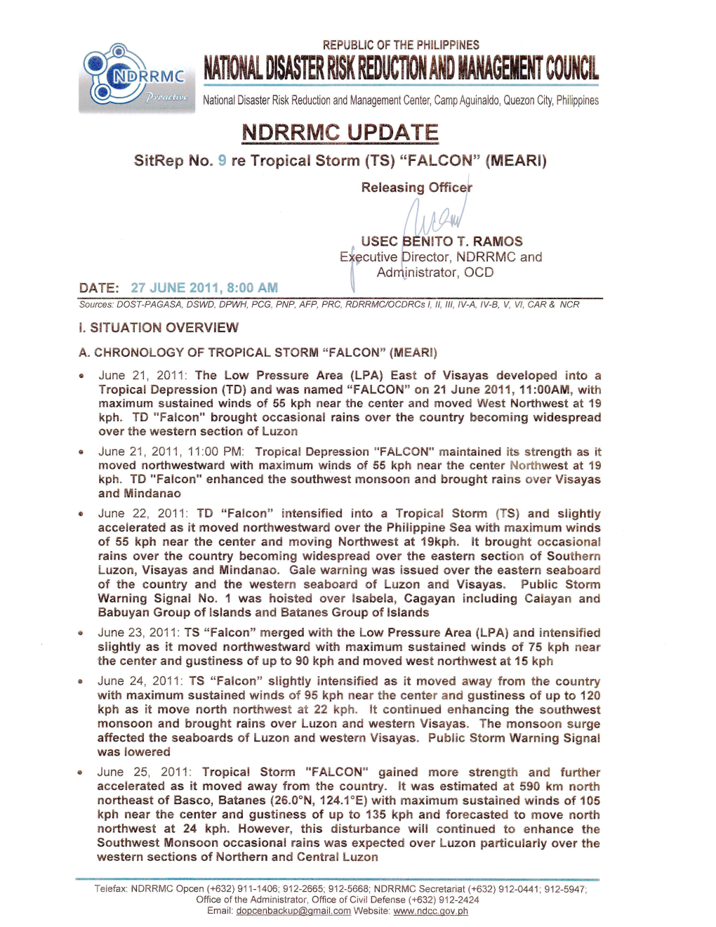 NDRRMC Update Sitrep 9 Re TS Falcon 27 June 2011