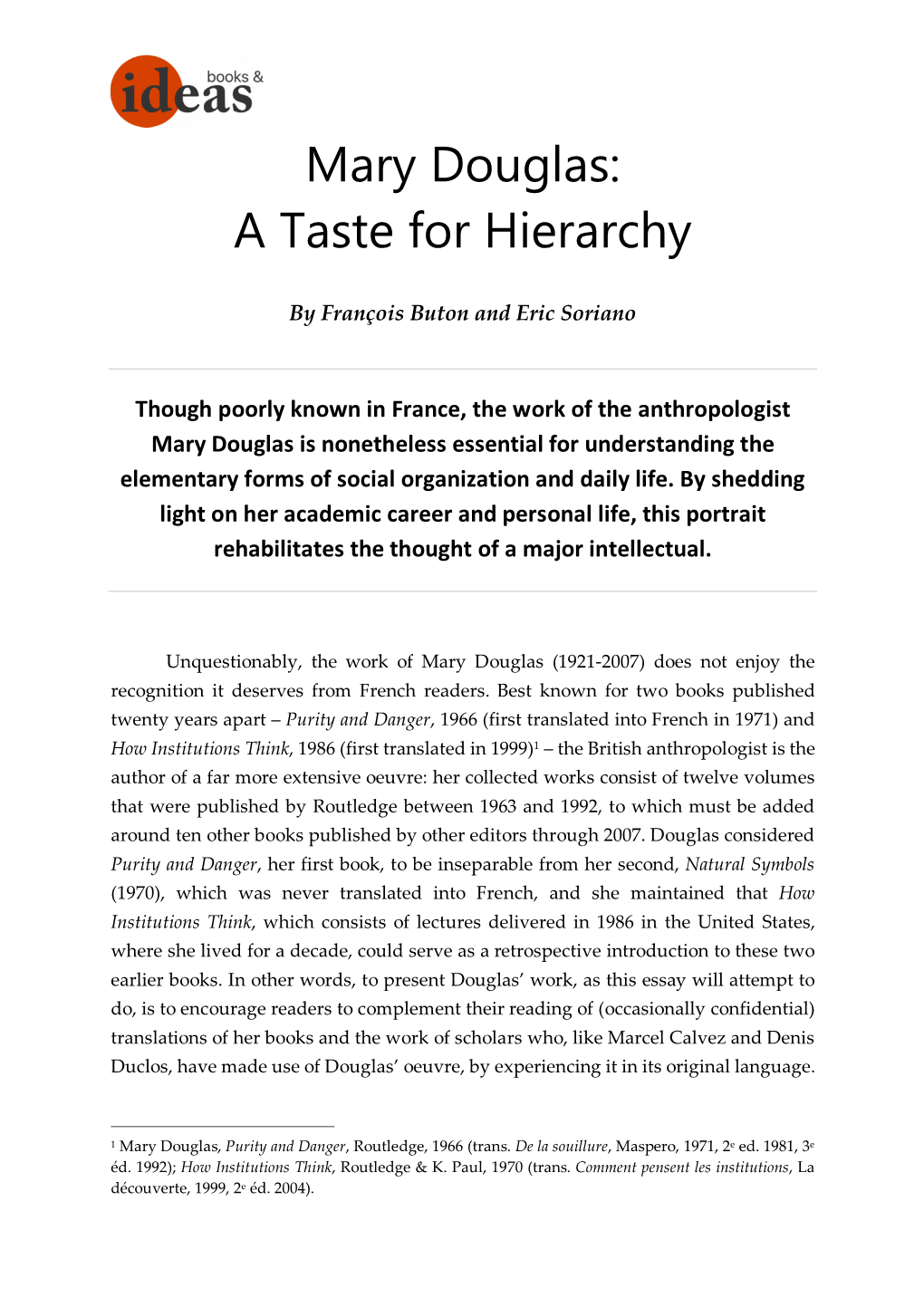 Mary Douglas: a Taste for Hierarchy