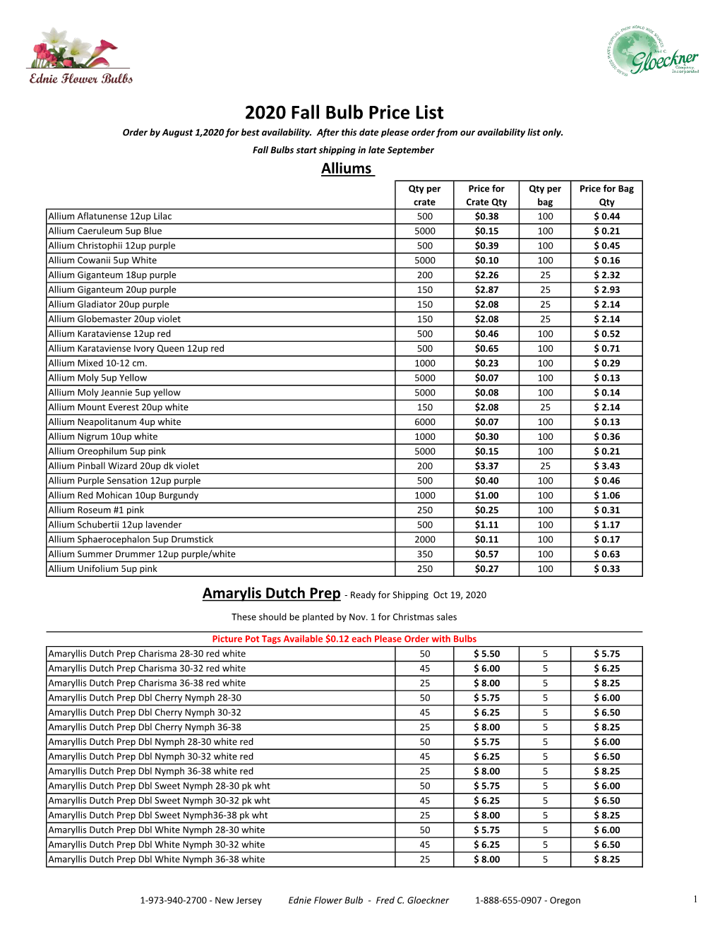 2020 Fall Bulb Price List Order by August 1,2020 for Best Availability