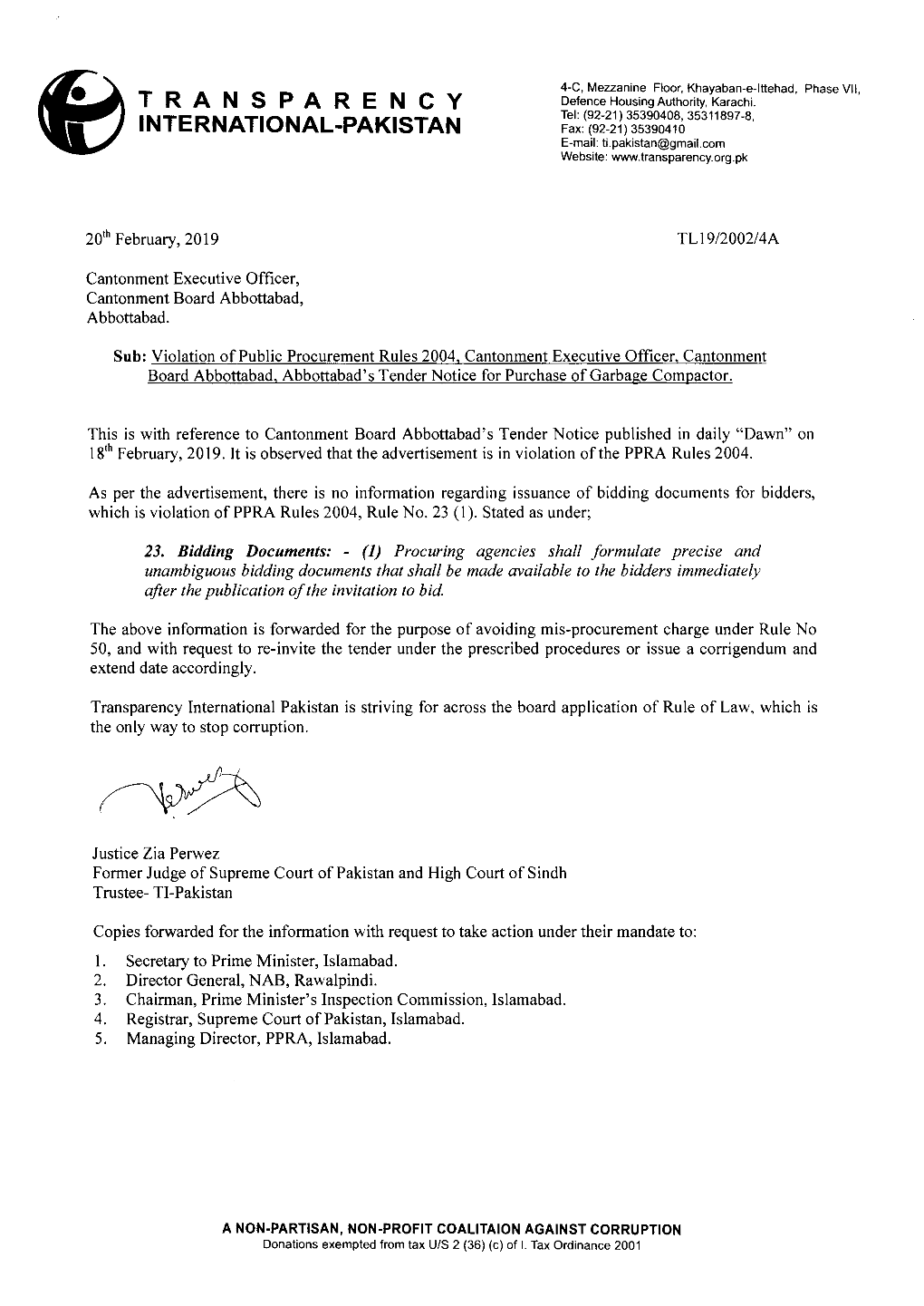 Transparency International Pakistan Is Striving for Across the Board Application of Rule of Law, Which Is the Only Way to Stop Corruption