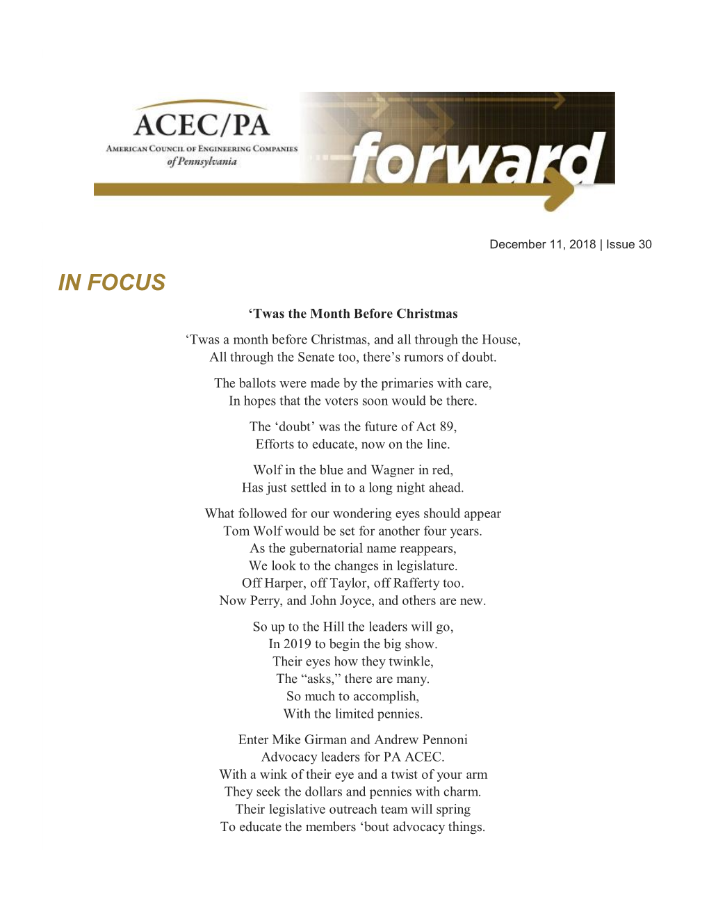 IN FOCUS ‘Twas the Month Before Christmas ‘Twas a Month Before Christmas, and All Through the House, All Through the Senate Too, There’S Rumors of Doubt