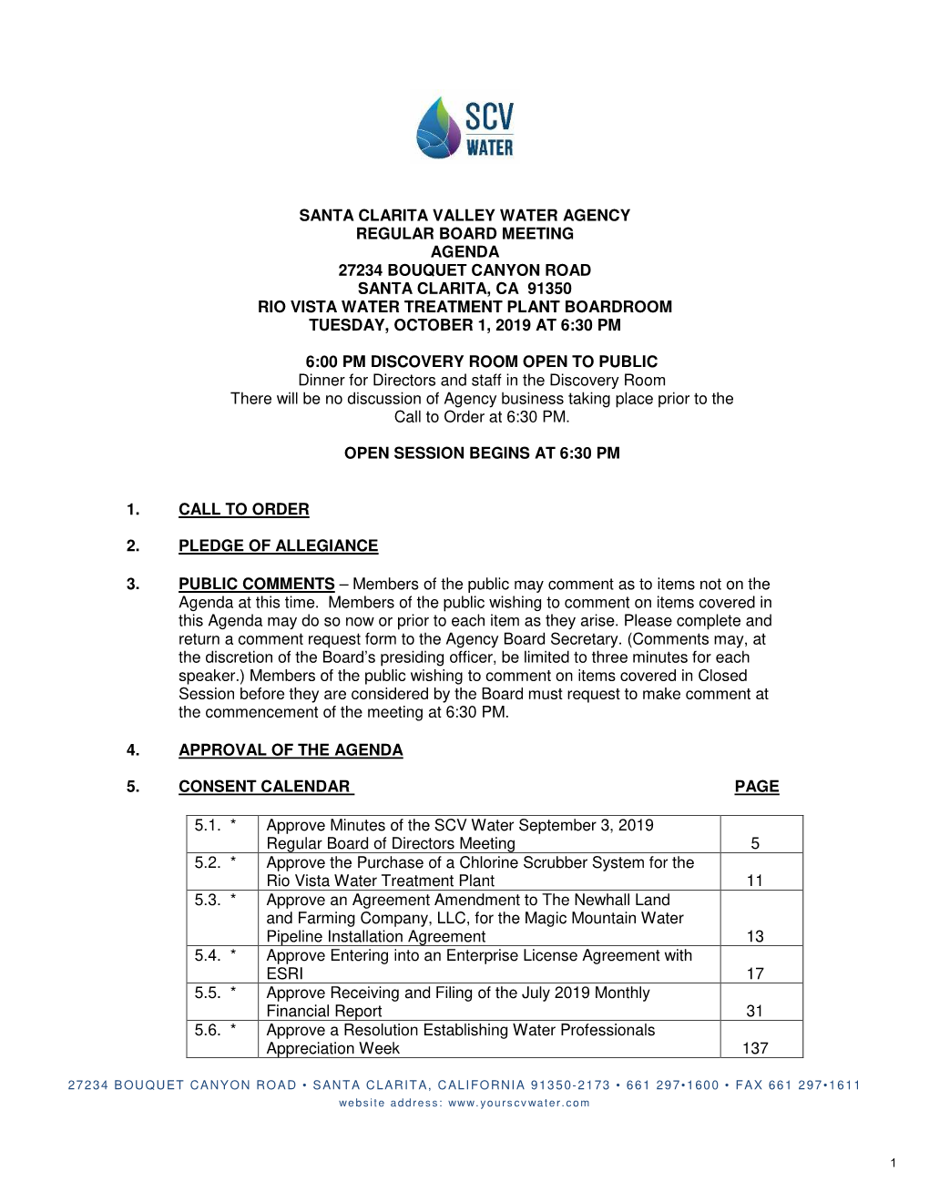 Santa Clarita Valley Water Agency Regular Board Meeting Agenda 27234 Bouquet Canyon Road Santa Clarita, Ca 91350 Rio Vista Wa