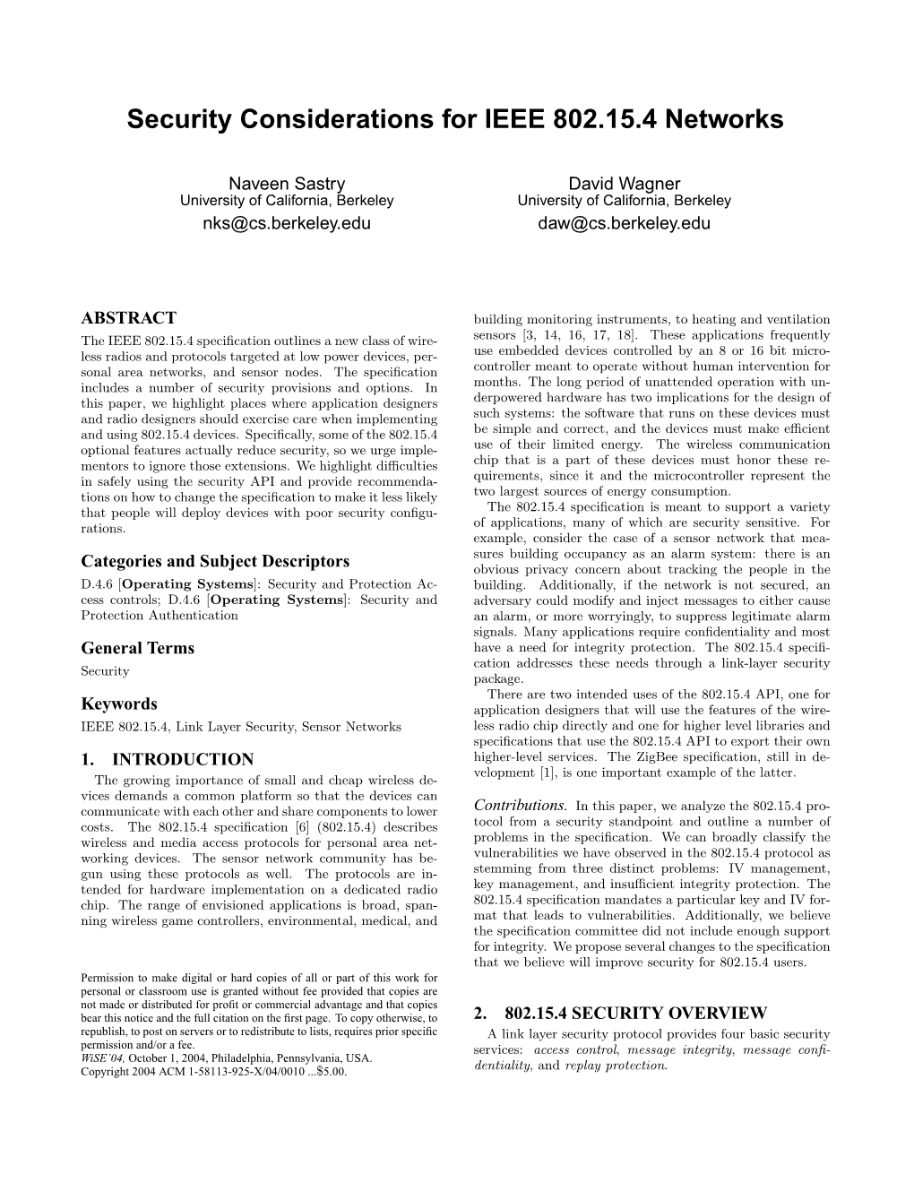 Security Considerations for IEEE 802.15.4 Networks