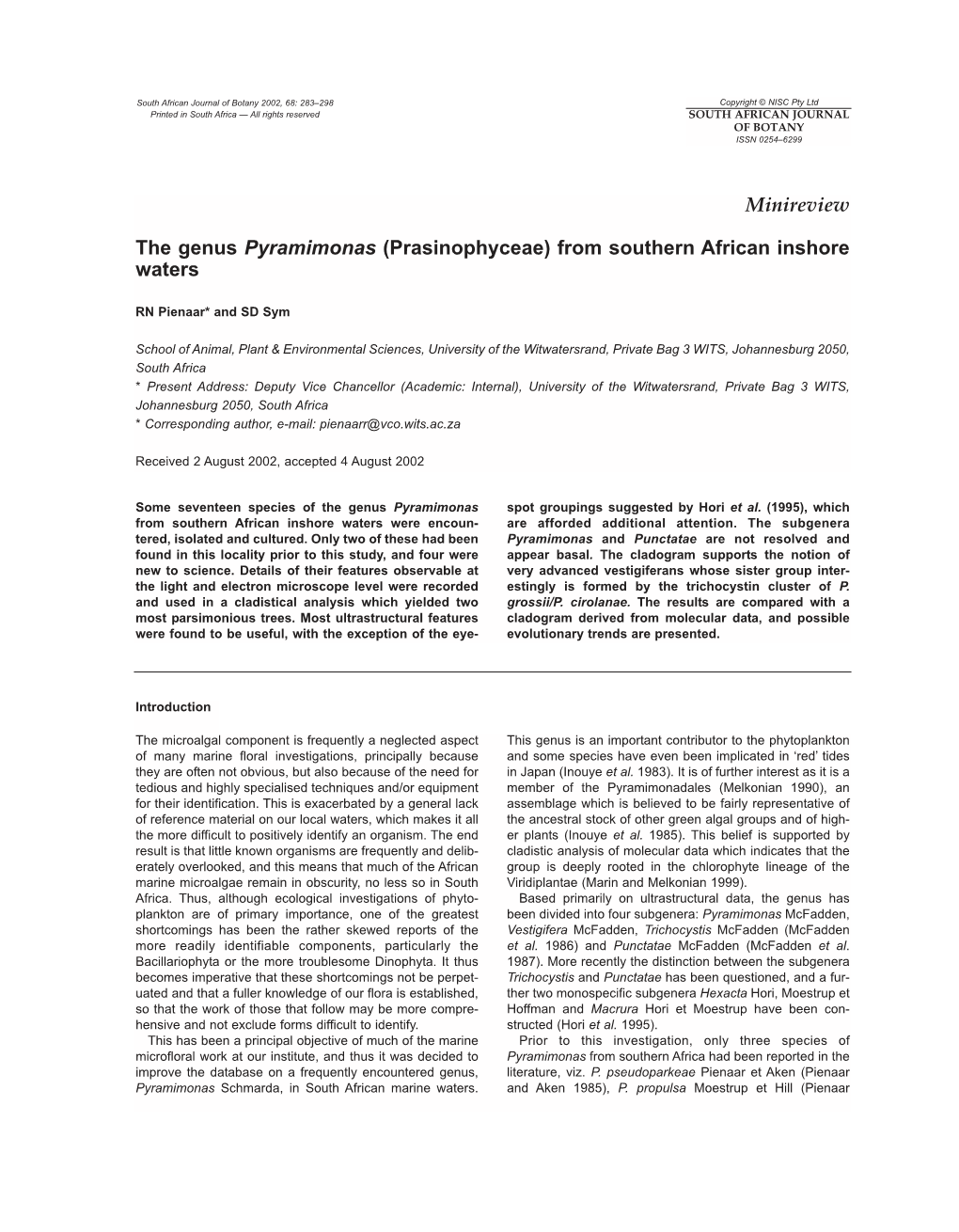 The Genus Pyramimonas (Prasinophyceae) from Southern African Inshore Waters