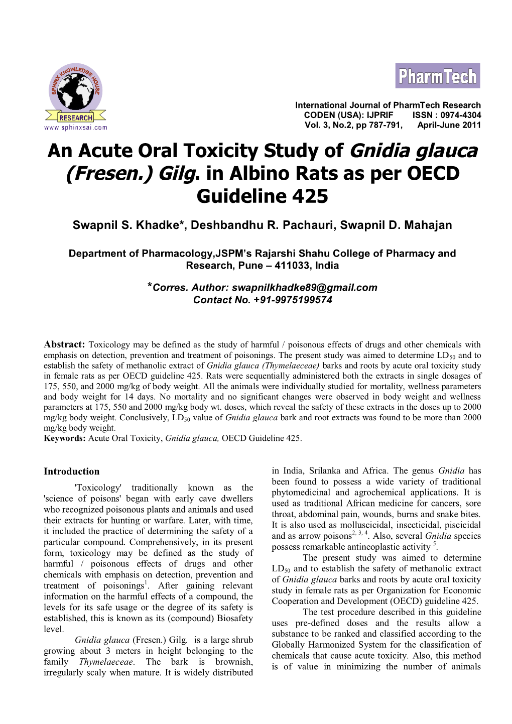 An Acute Oral Toxicity Study of Gnidia Glauca (Fresen.) Gilg