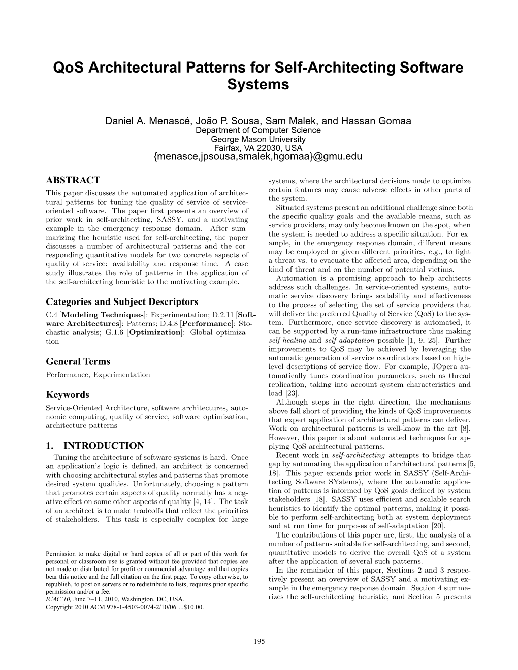Qos Architectural Patterns for Self-Architecting Software Systems