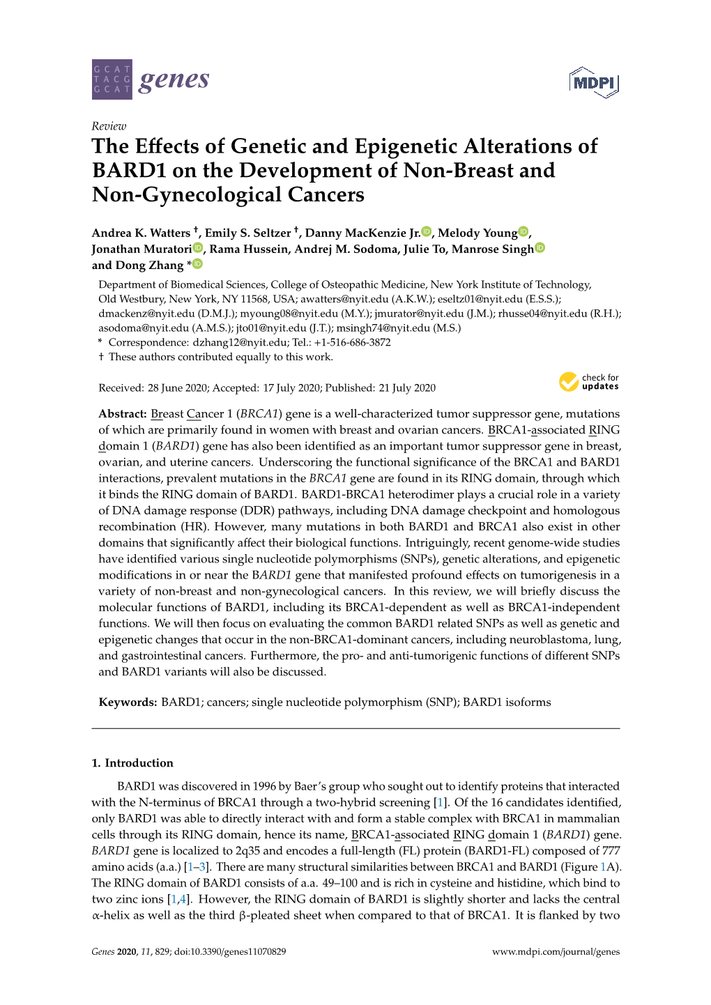 The Effects of Genetic and Epigenetic Alterations of BARD1 on The