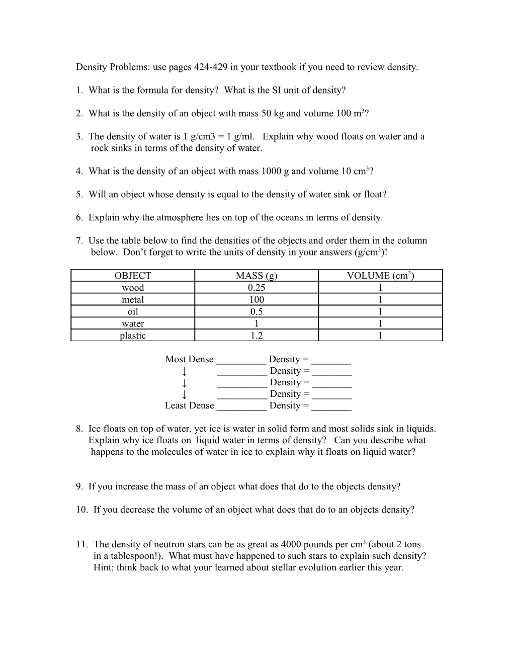 Density Problems: Use Pages 424-429 in Your Textbook If You Need to Review Density