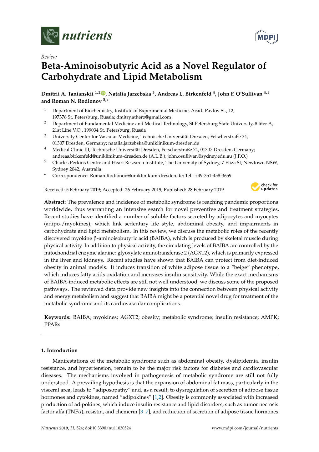 Beta-Aminoisobutyric Acid As a Novel Regulator of Carbohydrate and Lipid Metabolism