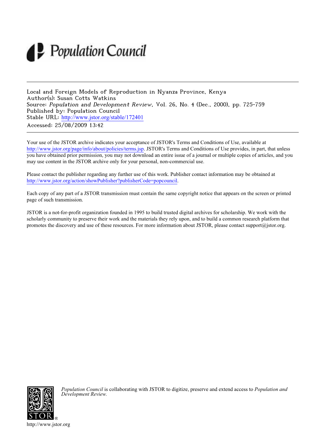 Local and Foreign Models of Reproduction in Nyanza Province, Kenya Author(S): Susan Cotts Watkins Source: Population and Development Review, Vol