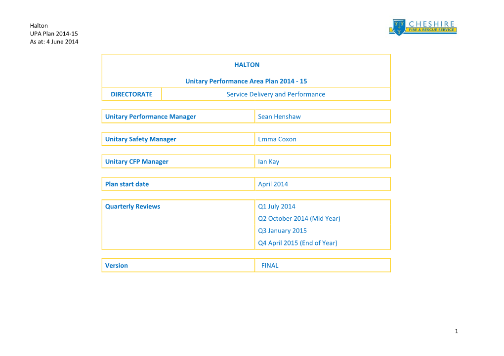 HALTON Unitary Performance Area Plan 2014