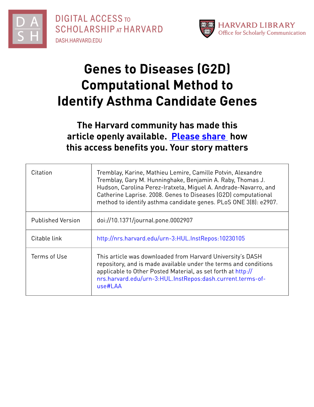 Genes to Diseases (G2D) Computational Method to Identify Asthma Candidate Genes