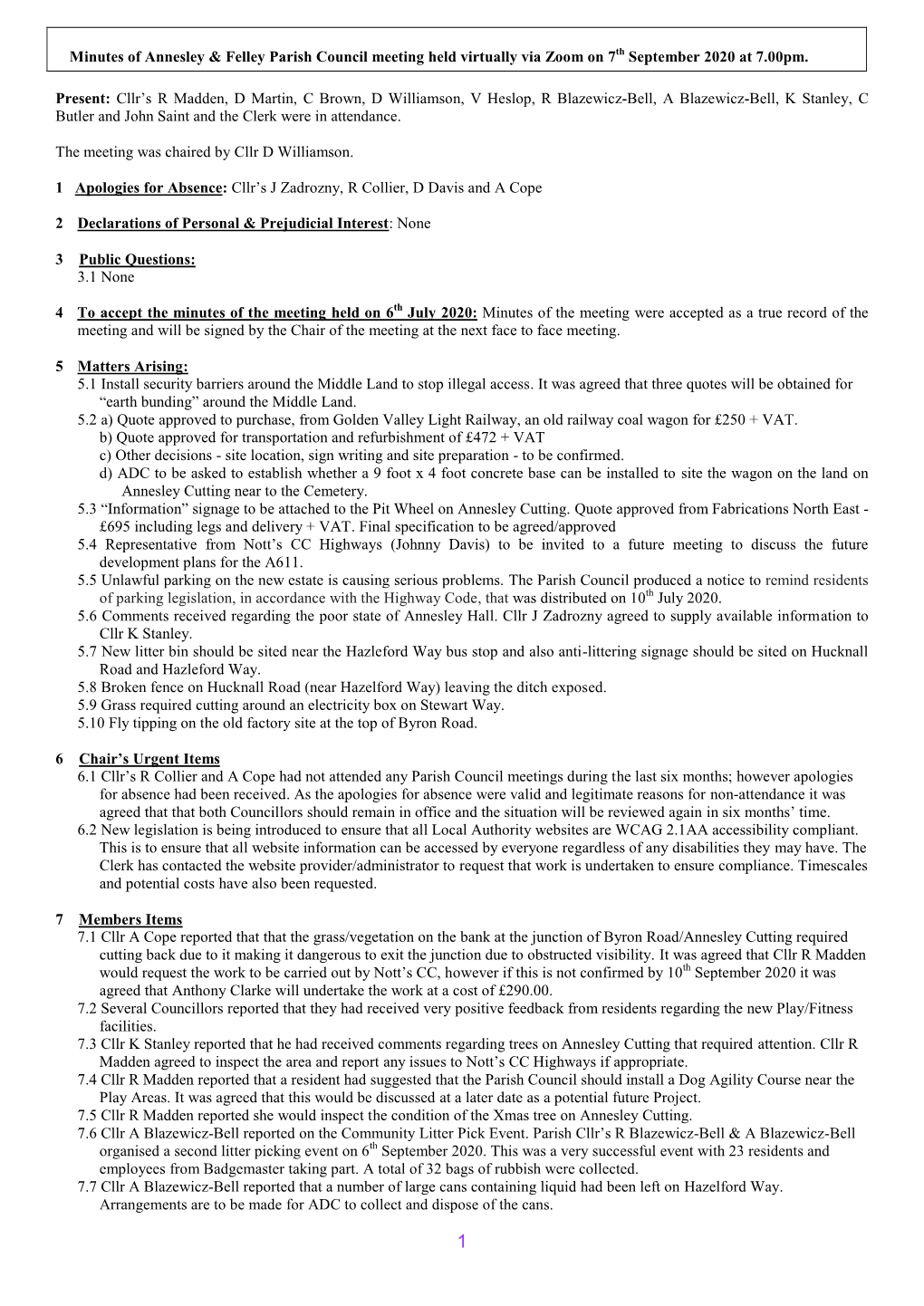 Minutes of the Council Meeting Held on Monday 4 August 2003 in the Parish Hall at 7