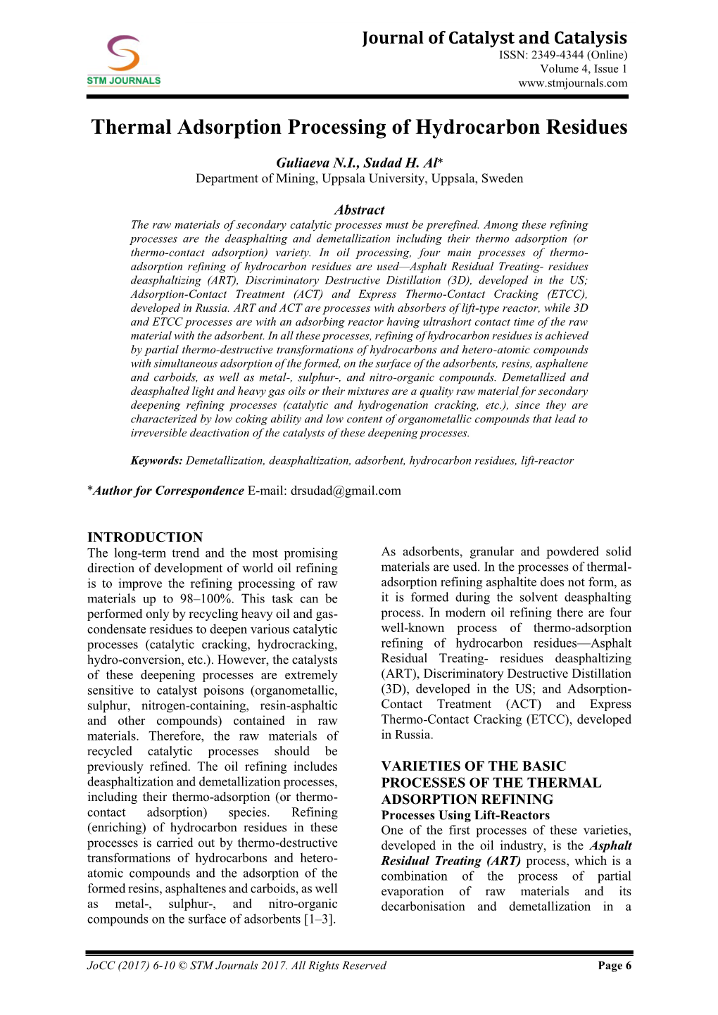 Thermal Adsorption Processing of Hydrocarbon Residues