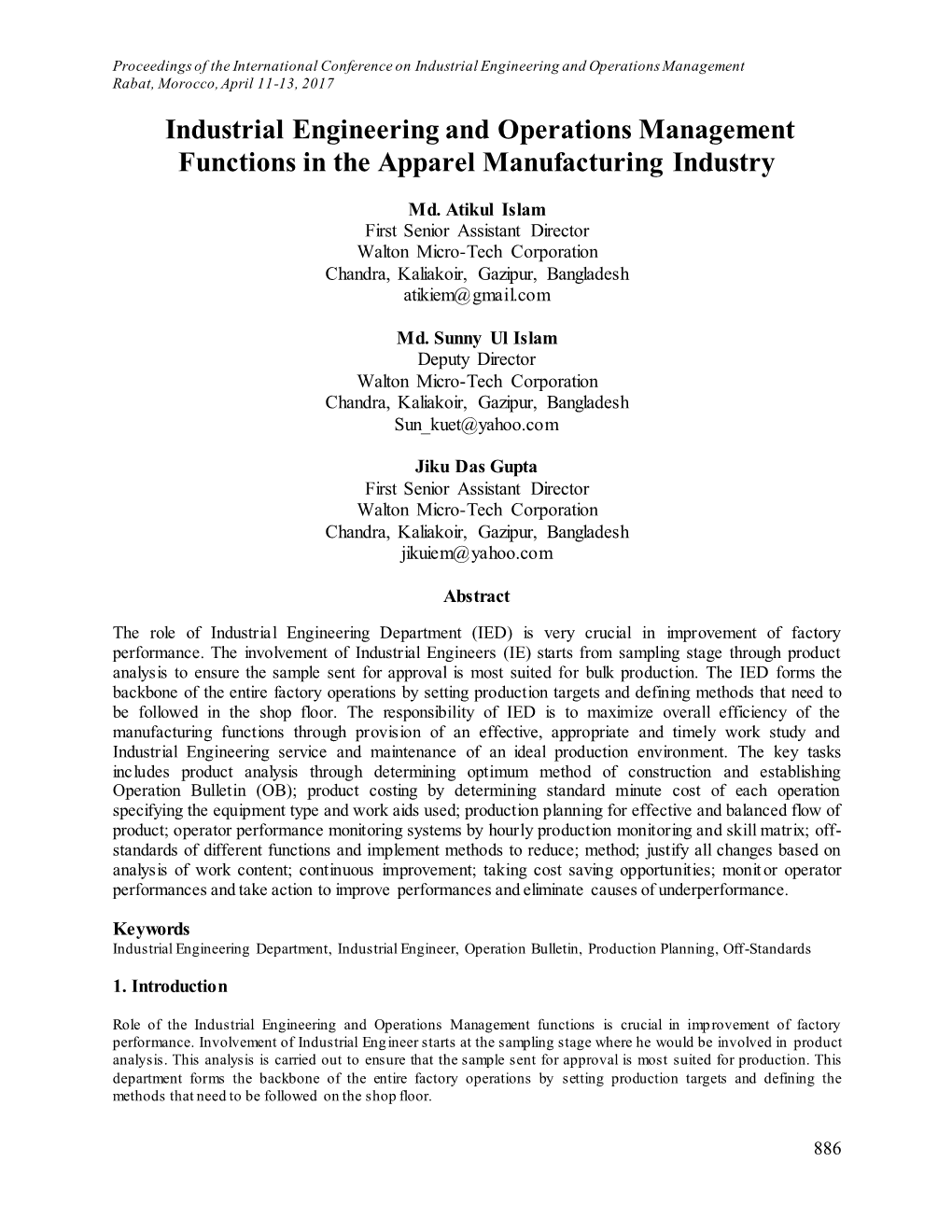 Industrial Engineering and Operations Management Functions in the Apparel Manufacturing Industry